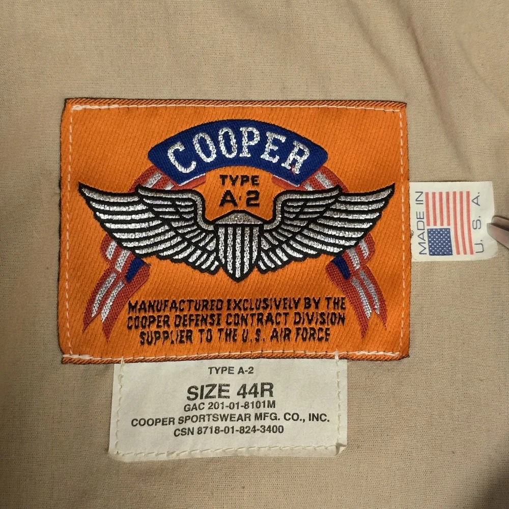 VTG Cooper A-2 100% Goatskin Leather USAF‎ Brown Bomber Flight Jacket Men's 44 R